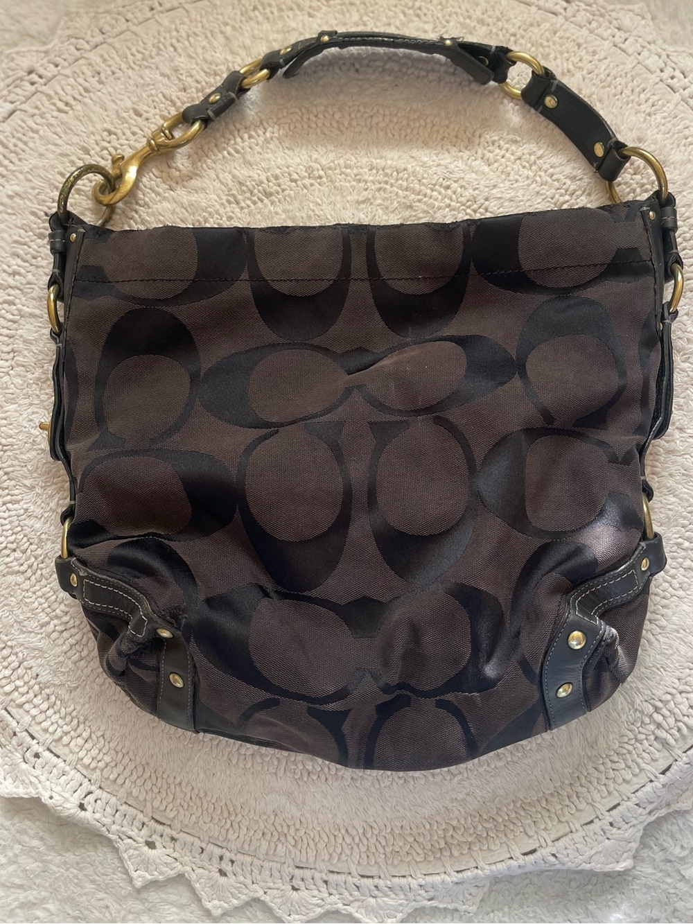 Coach Charcoal & Black Signature Hobo with Gold Hardware
